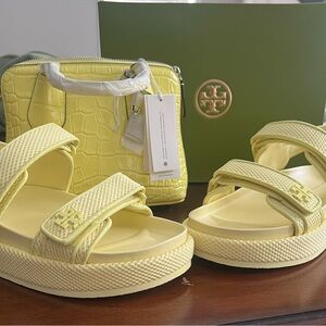 Tory Burch SET Lemon Mist Kira Sport Sandals sz 6.5 AND Mini Swing Crossbody Bag